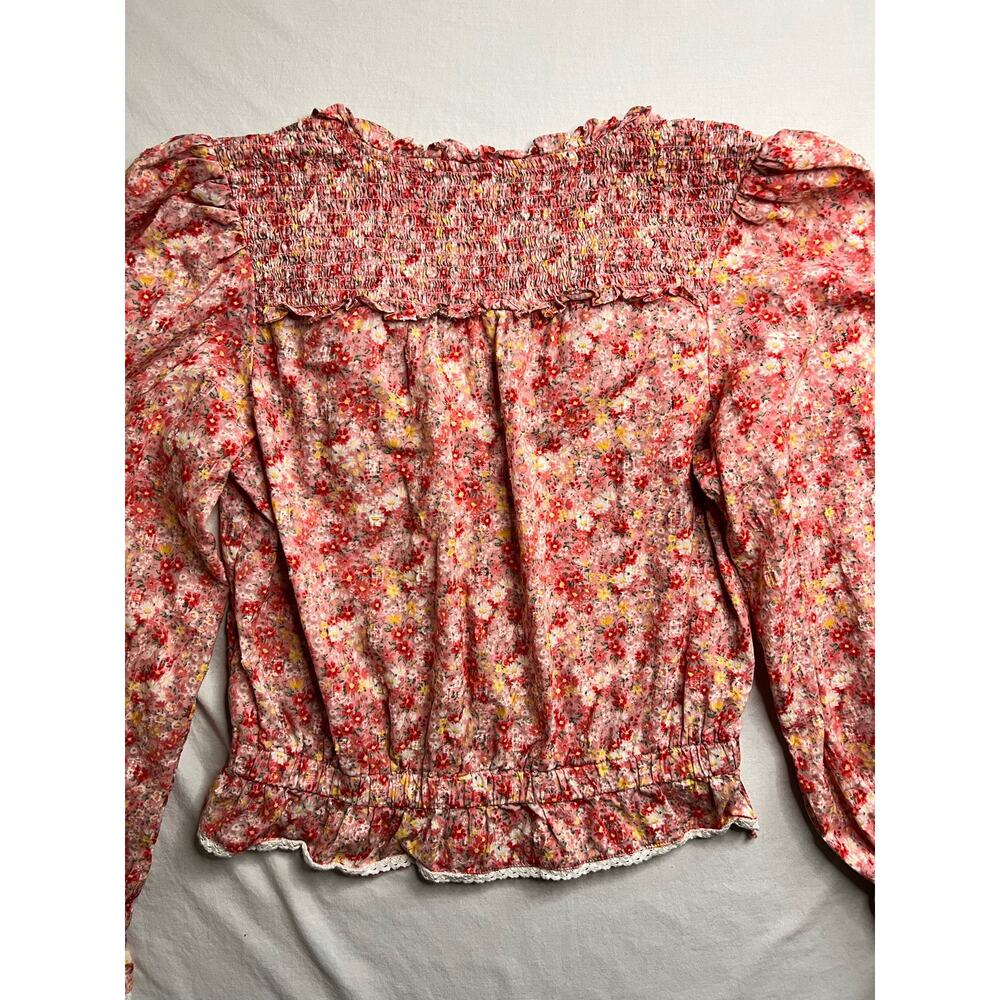 American Eagle Floral Top Shirt SMALL Long Sleeve Smocking Lace Detail - Picture 6 of 9